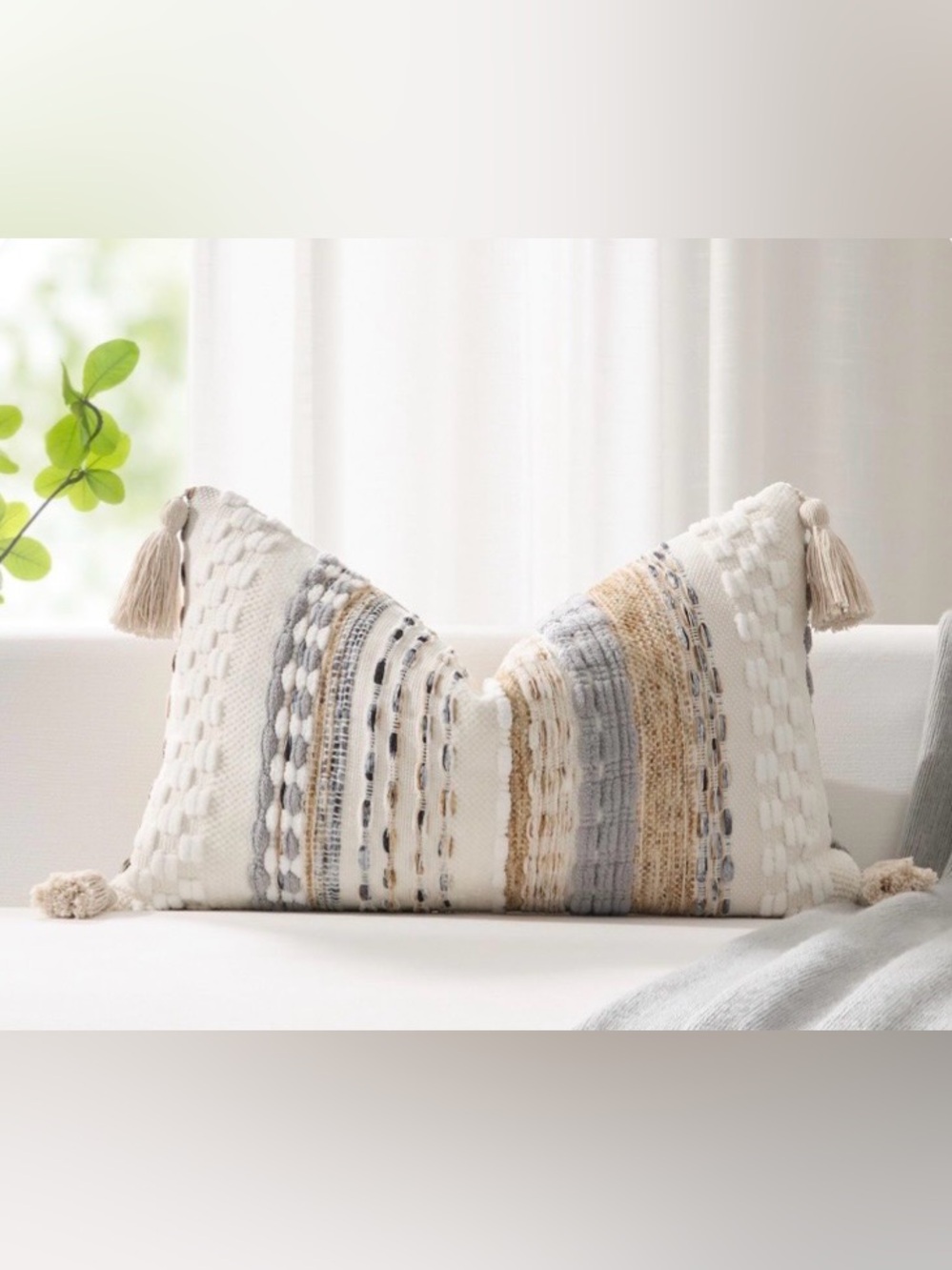 Boho Tufted CHENILLE Pillow Cover Tassel Accent 100% Cotton 12x24” BEIGE